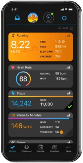 Garmin Connect Mobile App screenshot explaining basic functions of smart watch compared with fitbit sense APP